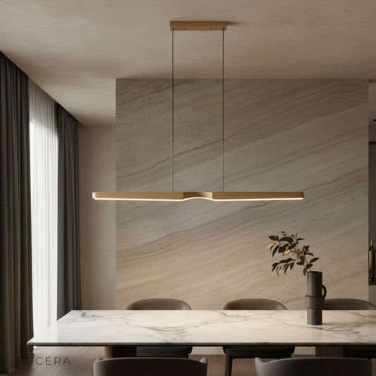 Ember wood pendant light hanging above a modern kitchen island with warm ambient lighting