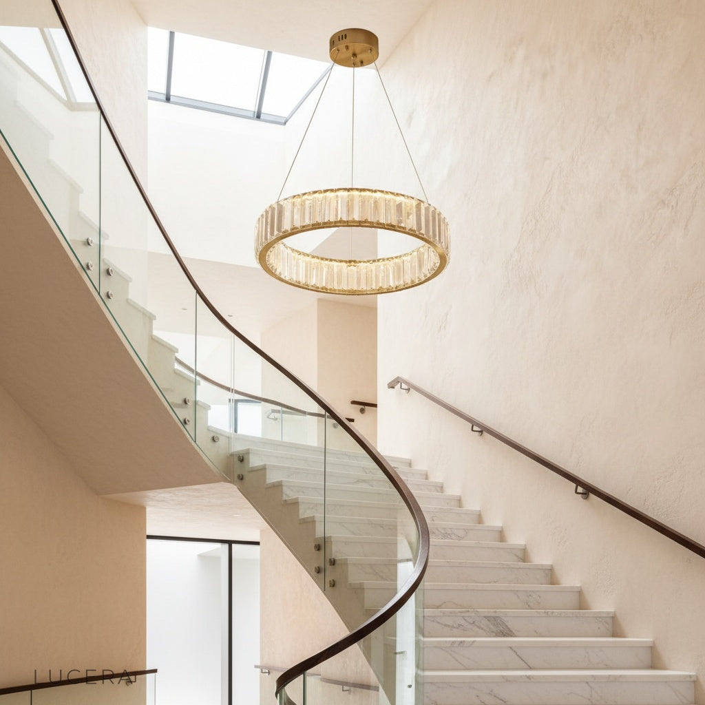 modern Carmelite chandelier glowing in elegant living room with circular rings