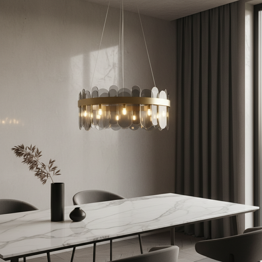 Rhythm frosted glass chandelier glowing above modern dining table with golden accents