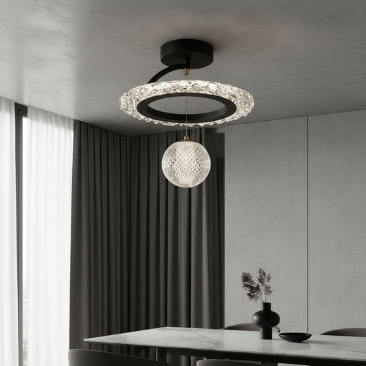Xyle ceiling light glowing in modern hallway with circular iron frame and acrylic sphere
