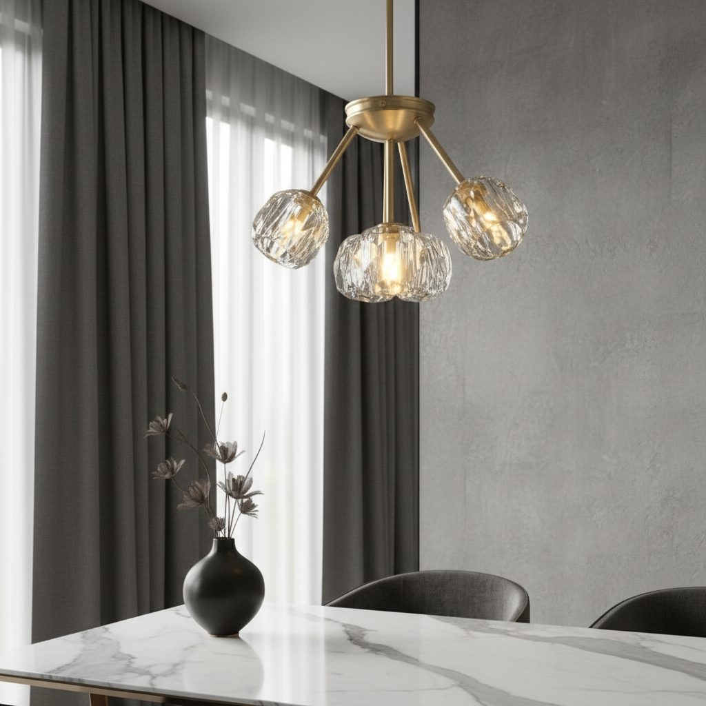 Crylo ceiling light with crystal shades glowing in modern living room