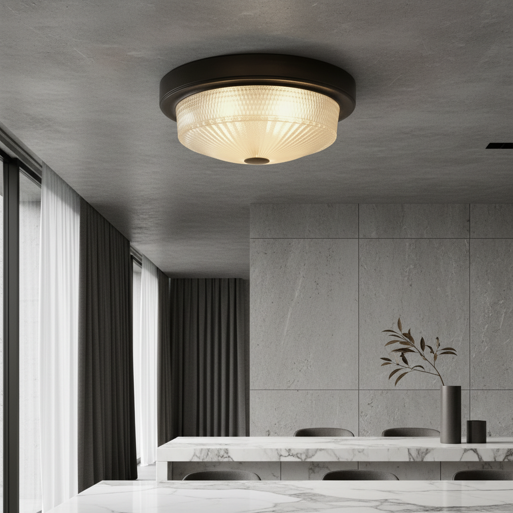 Veneration ceiling light illuminating elegant living room with bronze metal base and frosted glass shade