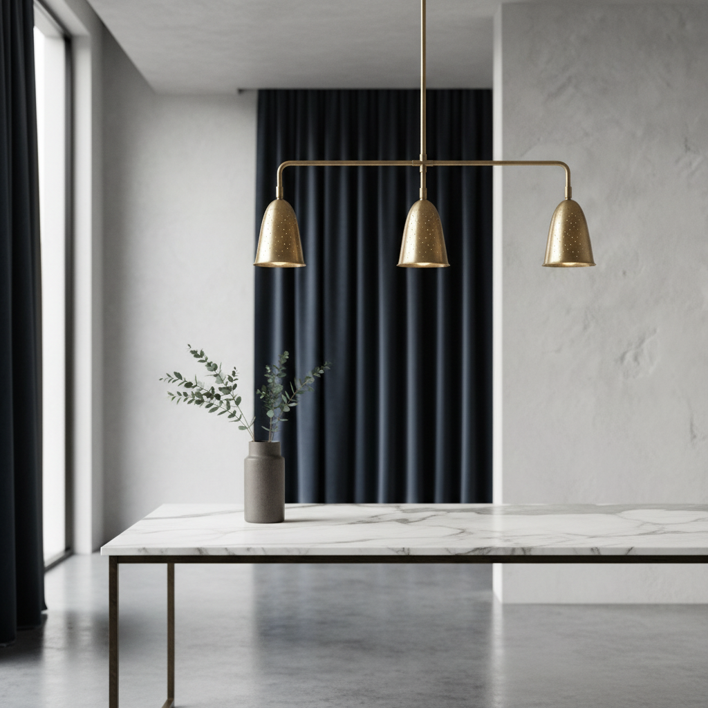whimsy linear chandelier polished brass over modern dining table in bright living room