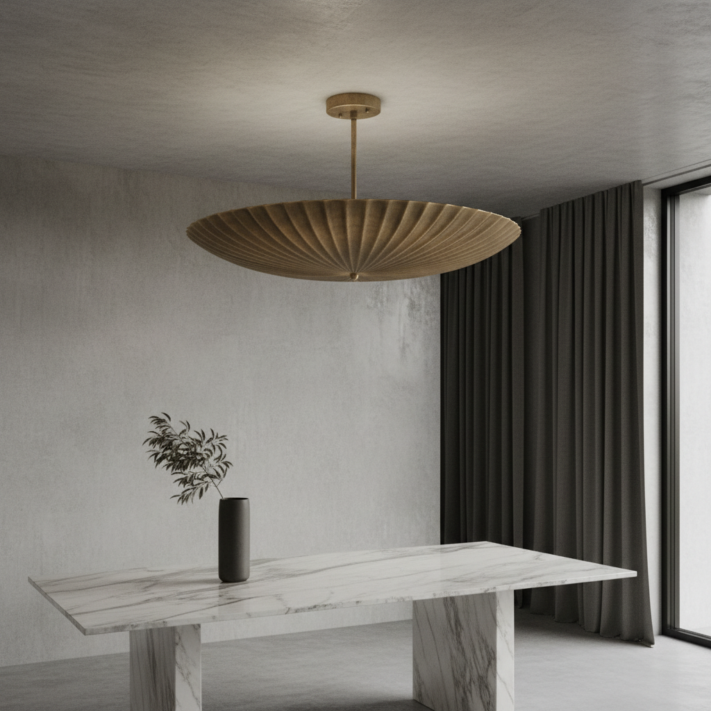 Motion Pendant Light by Lucera glowing above a modern dining table in a bright living room