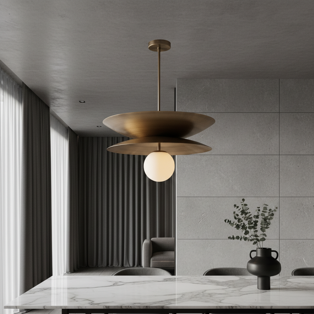 Tremulous pendant light over kitchen island with brass discs and glowing glass globe
