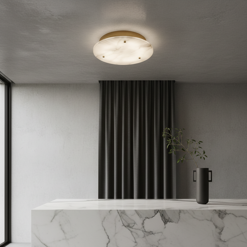 Transom ceiling light glowing warmly above a modern living room sofa with marble accents