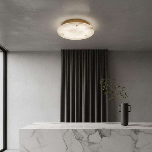 Transom ceiling light glowing warmly above a modern living room sofa with marble accents