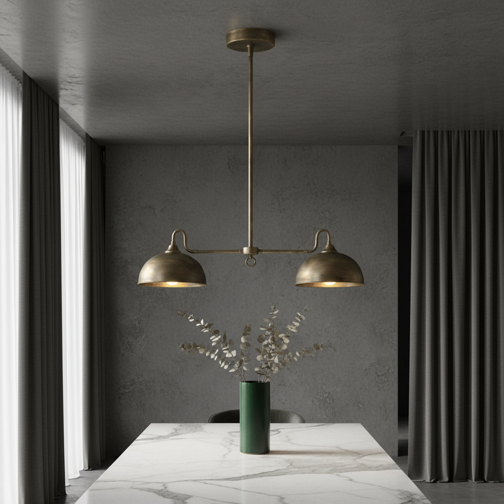 Montepulciano pendant light double-dome brass fixture above dining table in modern living room