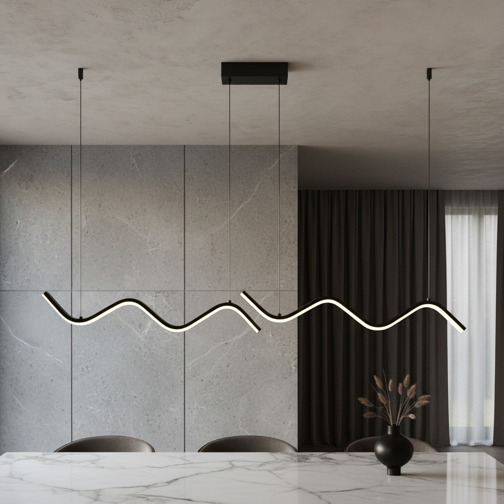 Melisande pendant light with wave-like LED bars illuminating a modern dining room