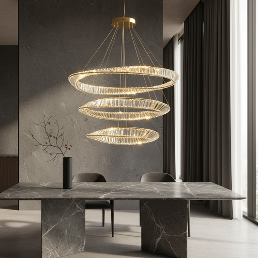 Unity 3-Tier Chandelier glowing in modern living room with crystal glass rings and LED lights