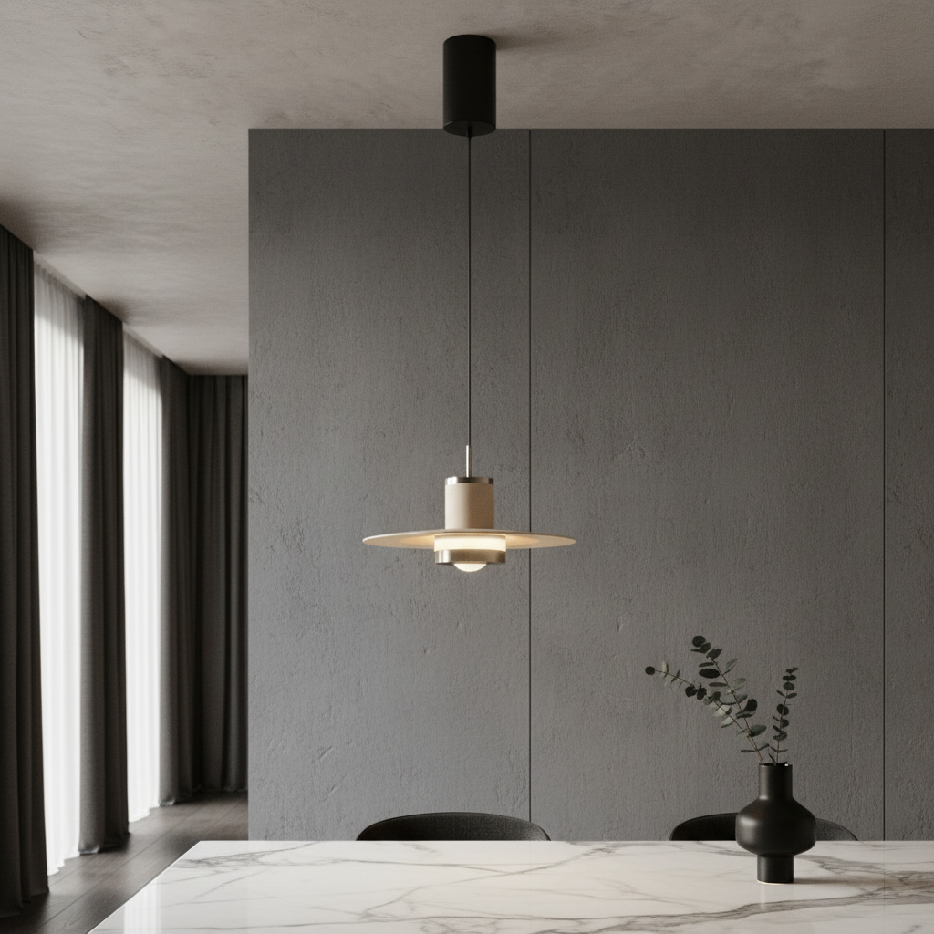 modern black pendant light over kitchen island with metal loop accent