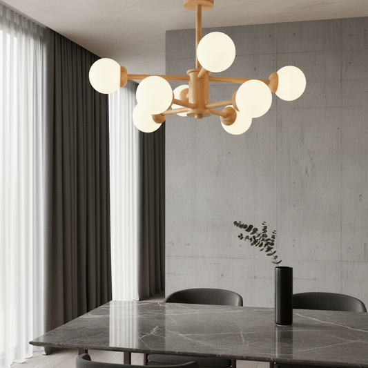 Giocoso chandelier with wood, iron, and frosted glass globes illuminating a modern dining room
