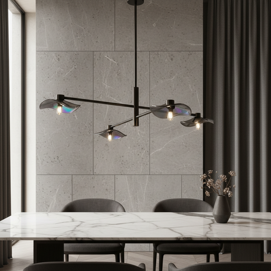 Hansa yellow chandelier with glass shades illuminating modern living room