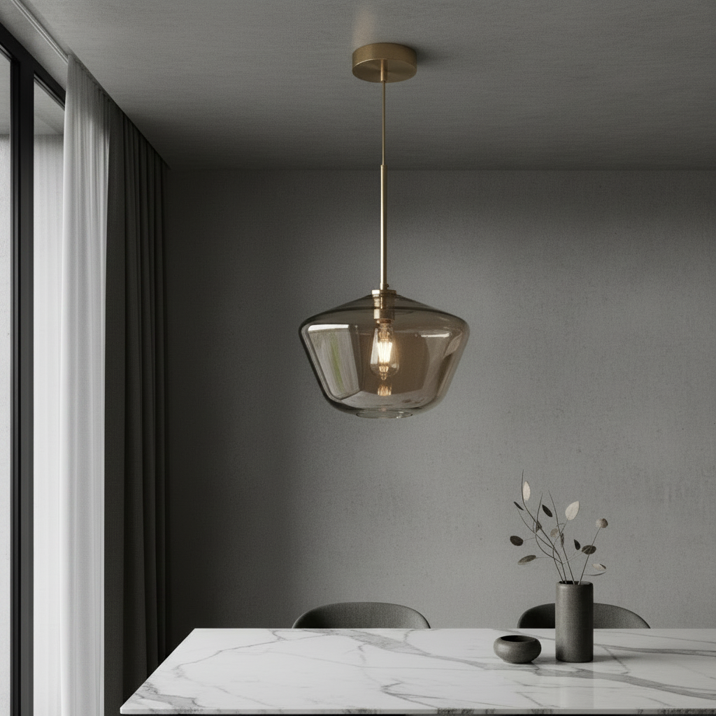 Sake pendant light with three smoked glass shades illuminating a modern dining room