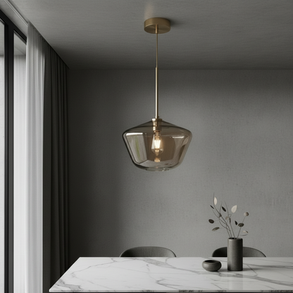 Sake pendant light with three smoked glass shades illuminating a modern dining room