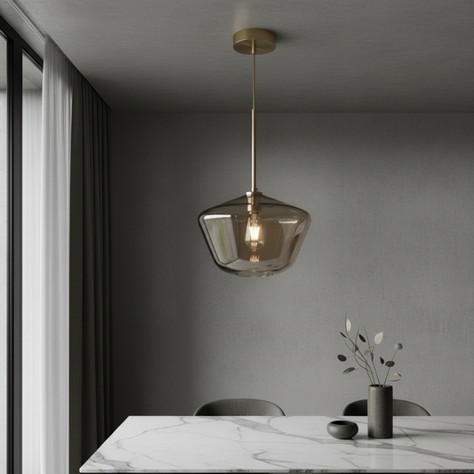 Sake pendant light with three smoked glass shades illuminating a modern dining room