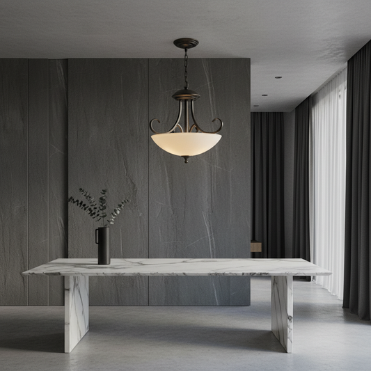 Xerxes chandelier with iron frame and stone bowl diffuser glowing in a modern dining room