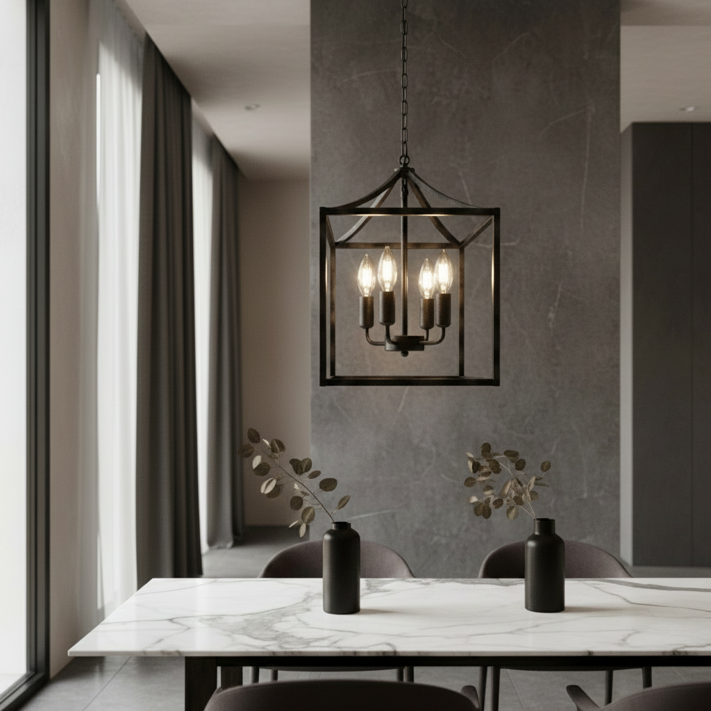 Sacristan pendant light with three candle bulbs in modern industrial dining room