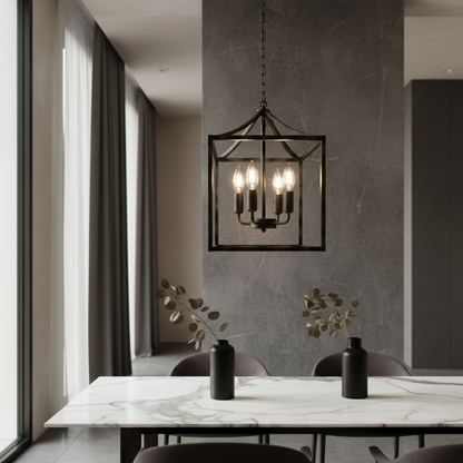 Sacristan pendant light with three candle bulbs in modern industrial dining room