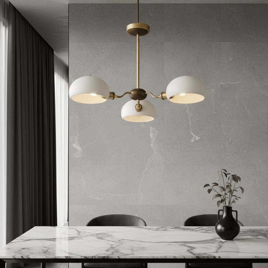 Largo Chandelier glowing over modern dining table in copper and glass