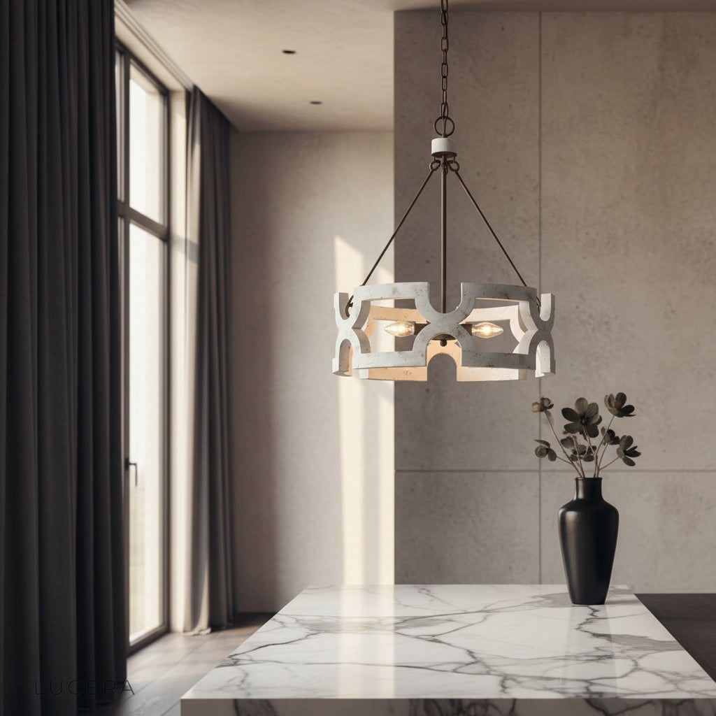 Yew chandelier hanging in modern living room with wooden beams and warm ambient light