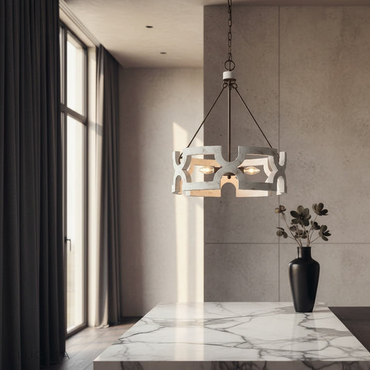 Yew chandelier hanging in modern living room with wooden beams and warm ambient light