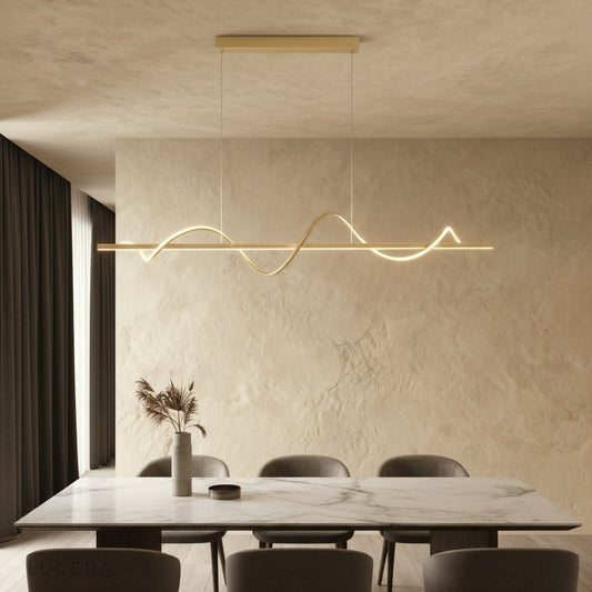 Sandalwood spiral pendant light illuminating a modern dining room with warm ambient glow