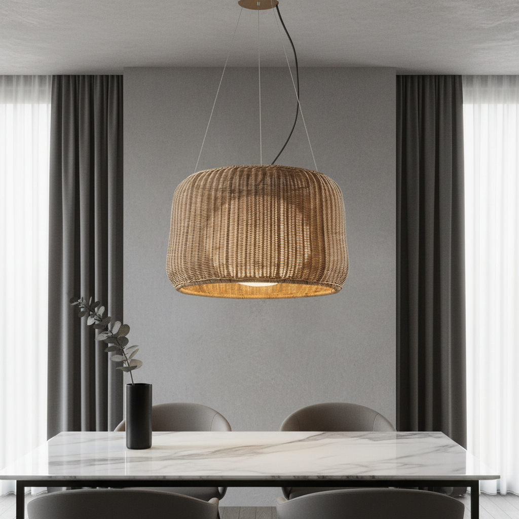 Zealous pendant light hanging over a dining table with woven rattan shade casting warm glow