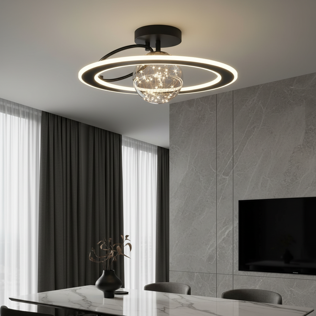 Gadroon ceiling light glowing in modern living room with dual-ring LED and glass sphere
