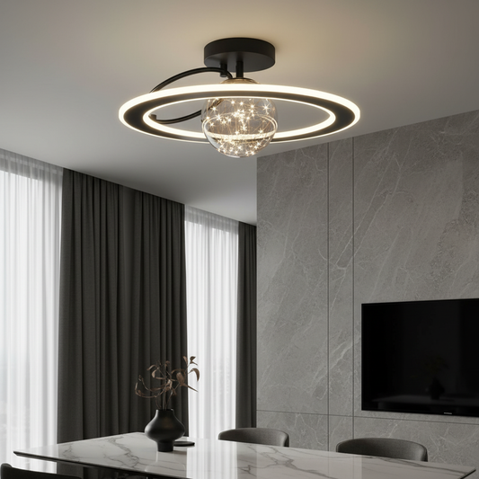 Gadroon ceiling light glowing in modern living room with dual-ring LED and glass sphere