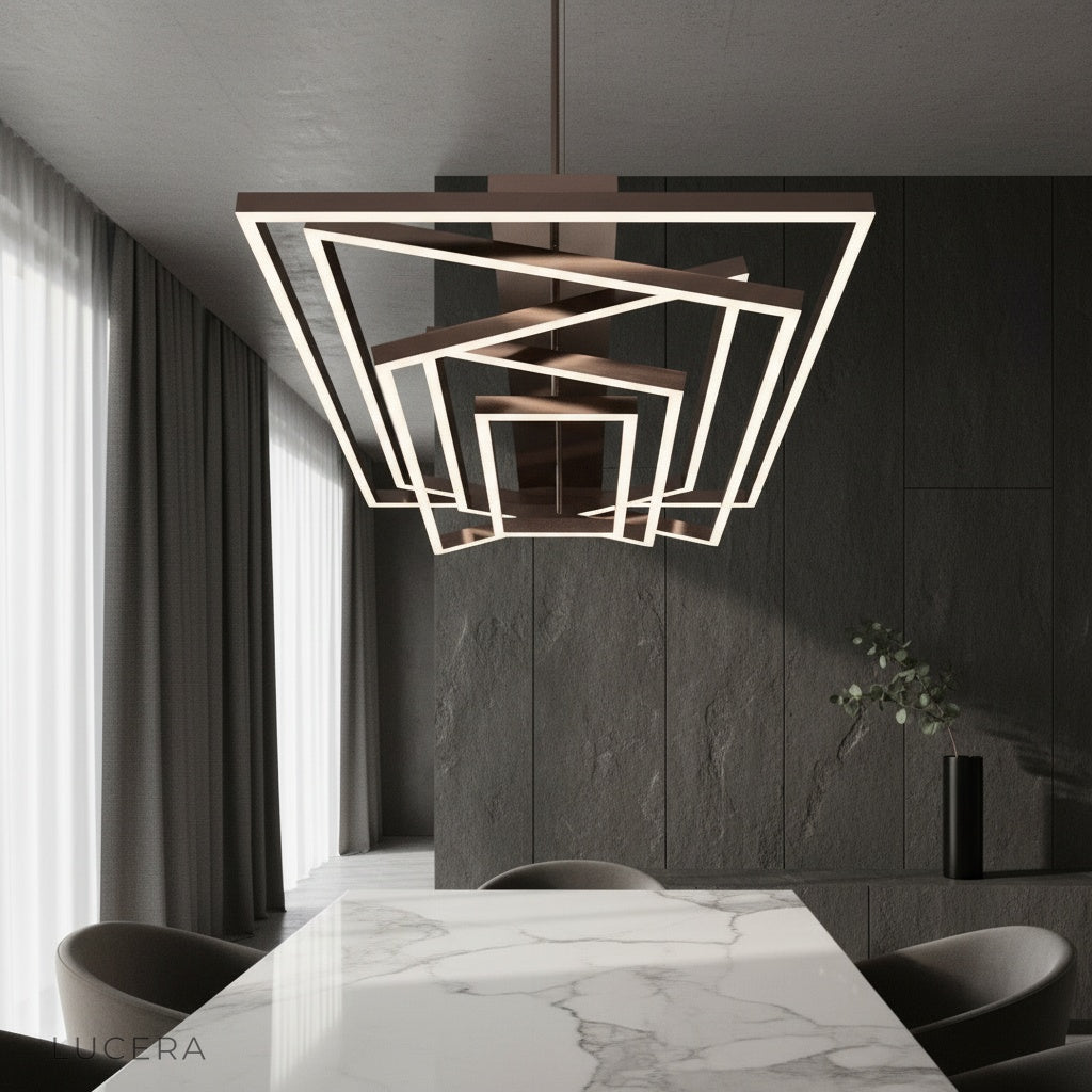 modern Amaryllis ceiling light in sleek rectangular frame illuminating formal dining room with warm ambient glow