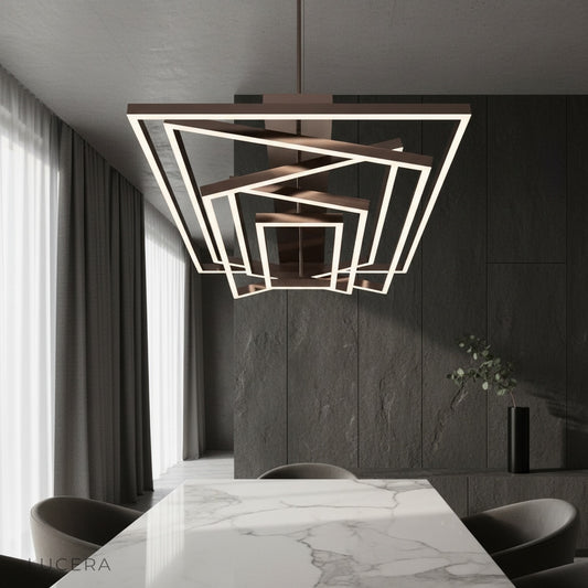 modern Amaryllis ceiling light in sleek rectangular frame illuminating formal dining room with warm ambient glow