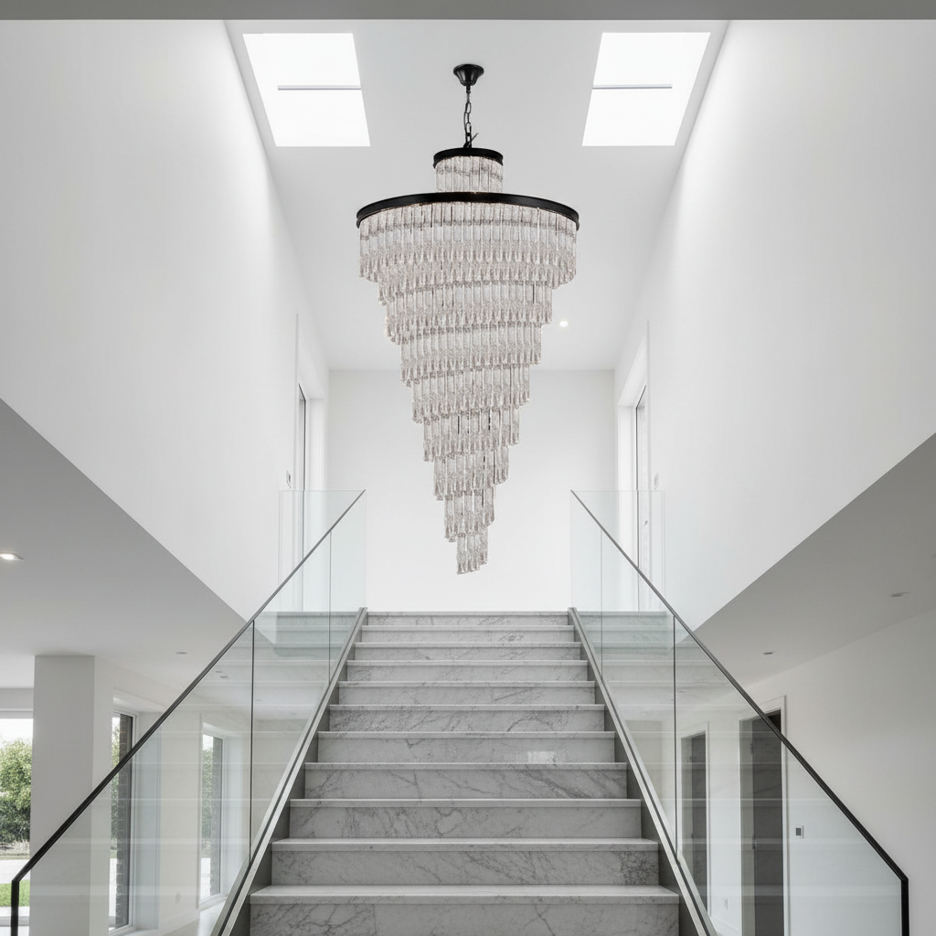 Thyme Frosted Glass Long Black Chandelier - Chandeliers | Lucera Lighting