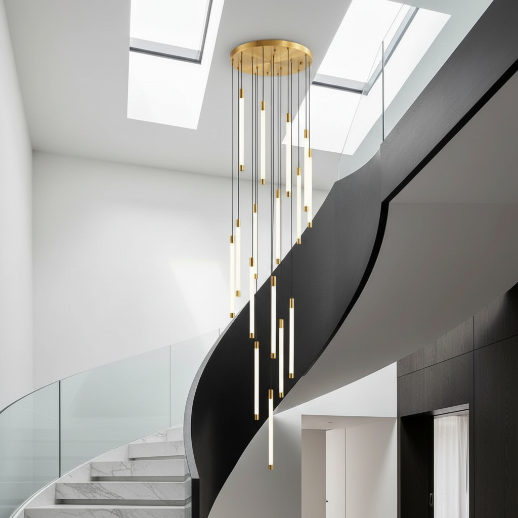 Heather Gold and Black LED Staircase Chandelier - Chandeliers | Lucera Lighting