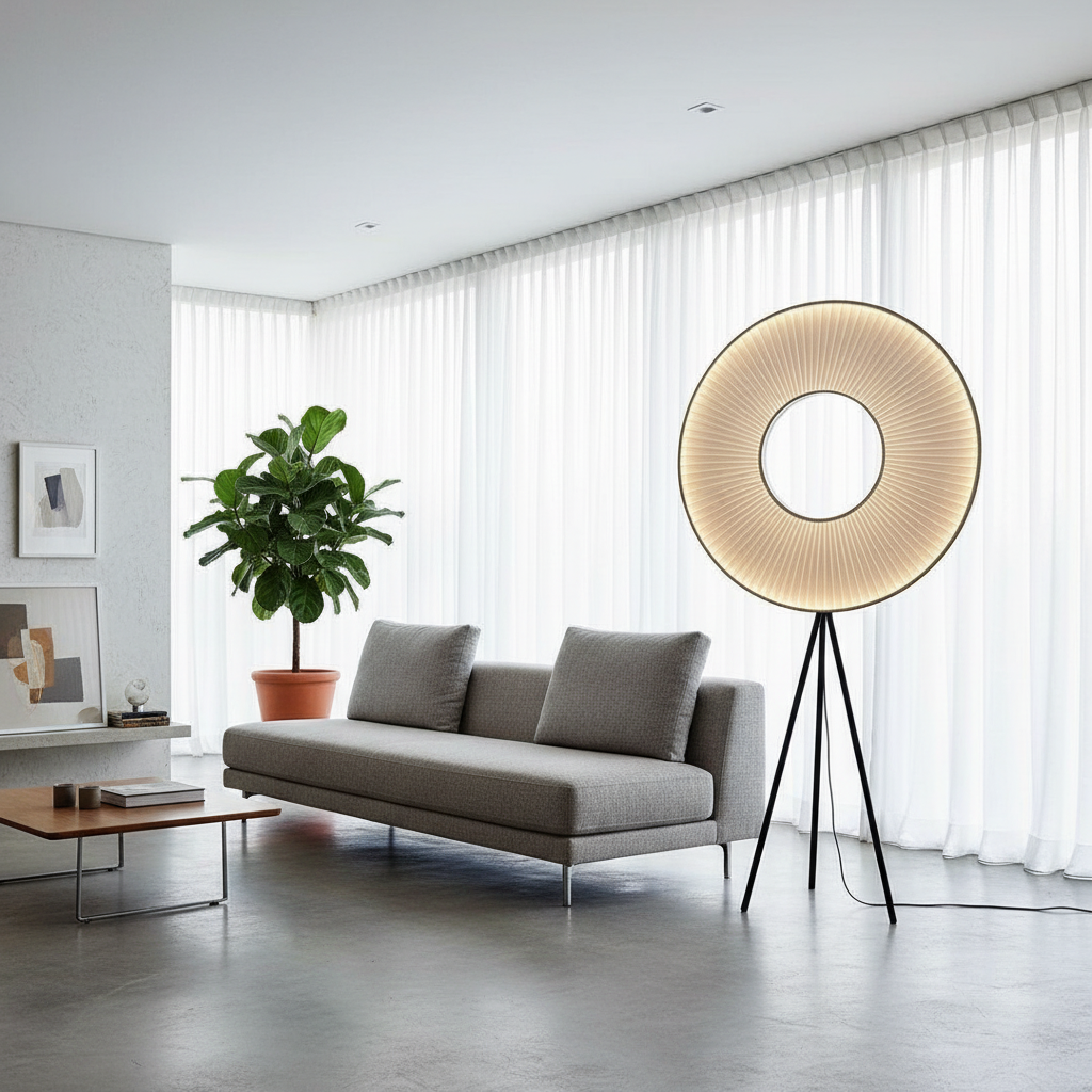 Kunzite LED floor lamp with fabric pleats glowing in modern living room