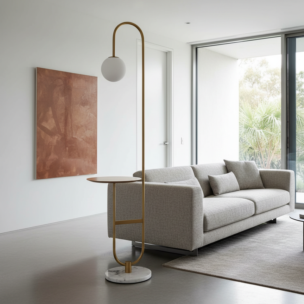 Chrysoprase Art Deco LED floor lamp with round table beside a modern armchair in a bright living room