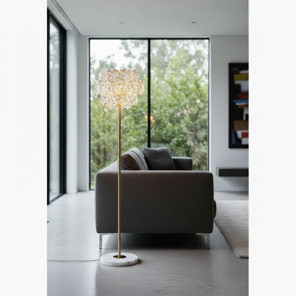 sunstone crystal and marble floor lamp beside modern sofa in bright living room
