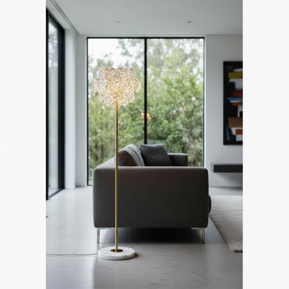 sunstone crystal and marble floor lamp beside modern sofa in bright living room