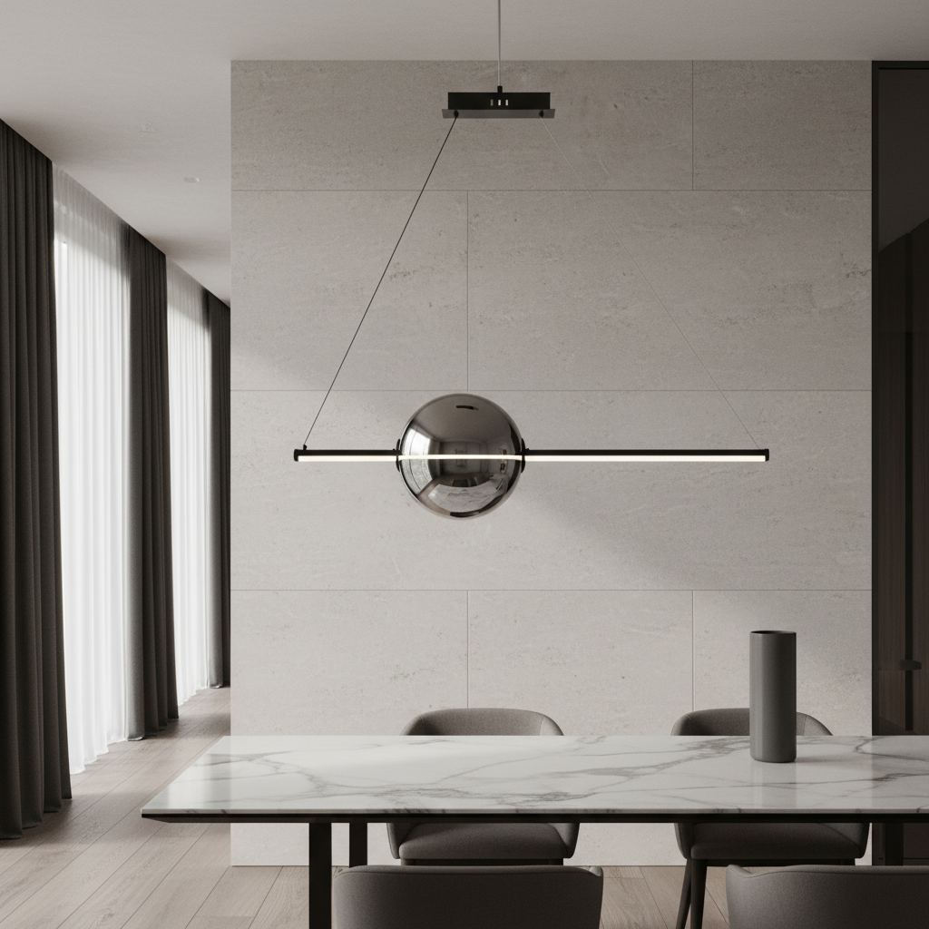 Bjorn modern glass LED chandelier glowing above a dining table in a minimalist living room