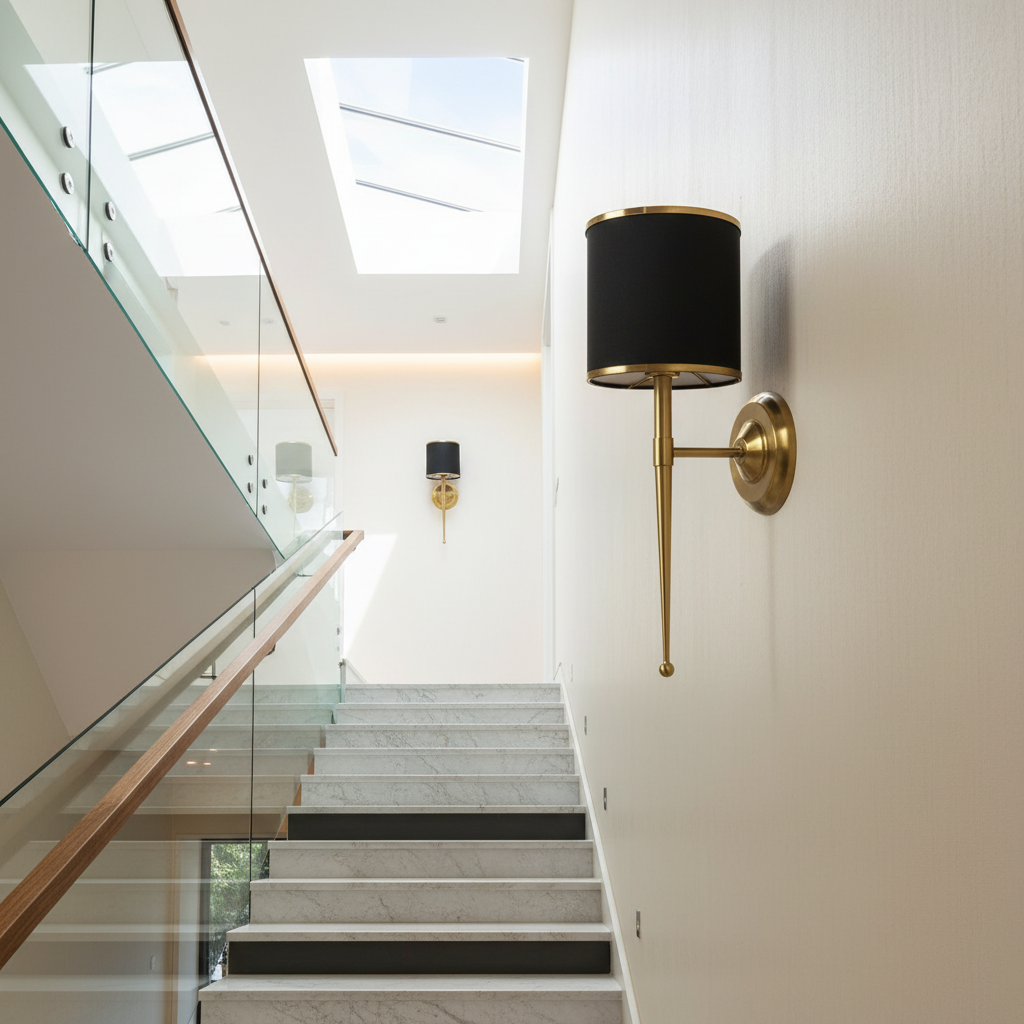 Morendo wall sconce with fabric shade glowing in modern living room ambient light