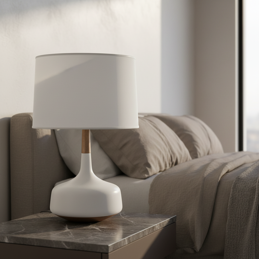 Espressione Nordic White Desk Lamp with Wooden Base - Lamps | Lucera Lighting