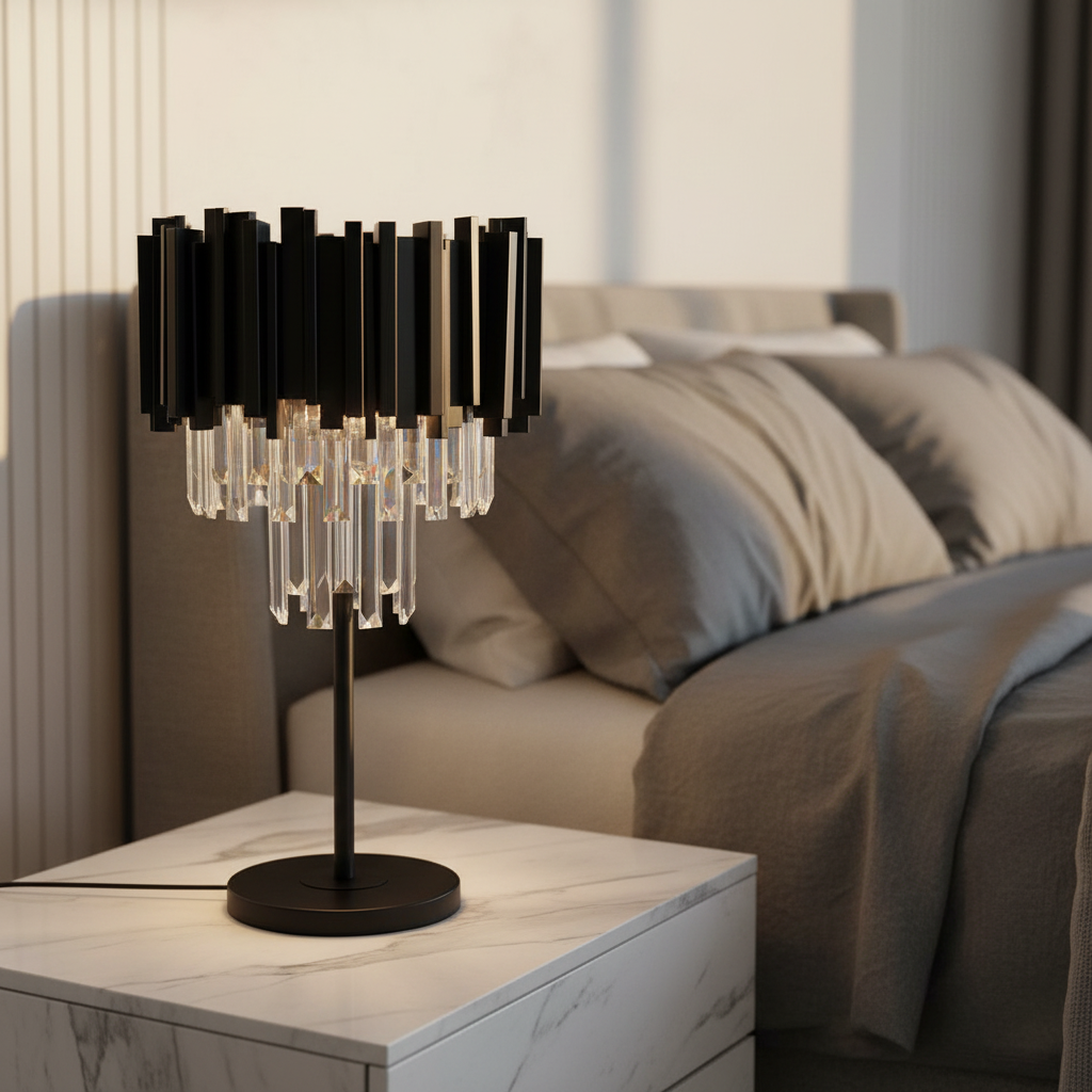 Bugia Art-Deco Dimmable Black Crystal Nightstand Lamp - Lamps | Lucera Lighting