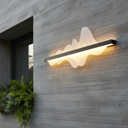 modern outdoor LED wall lamp illuminating a contemporary patio at dusk