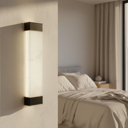 Marco rectangular marble wall lamp glowing in modern living room with copper frame