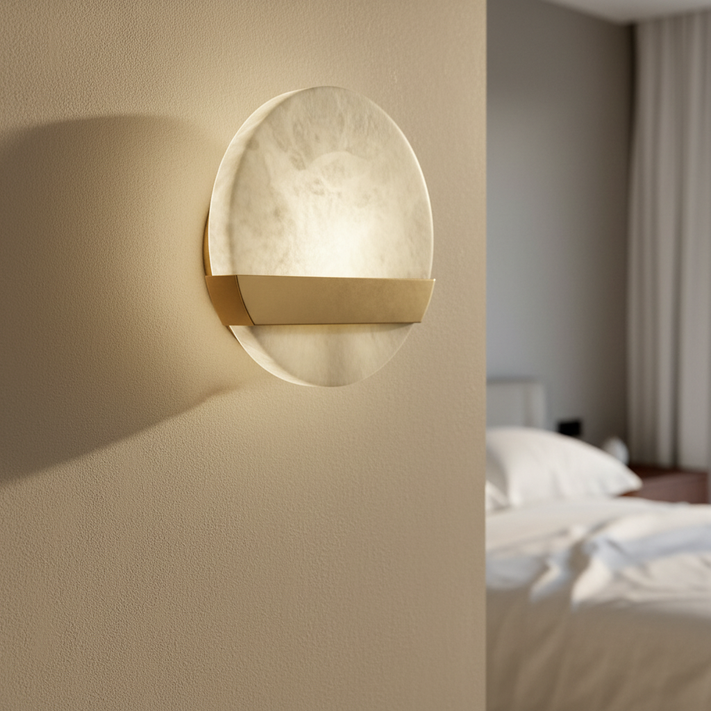 Ventral retro minimalist wall lamp glowing warm 3000K in cozy living room with copper and marble accents
