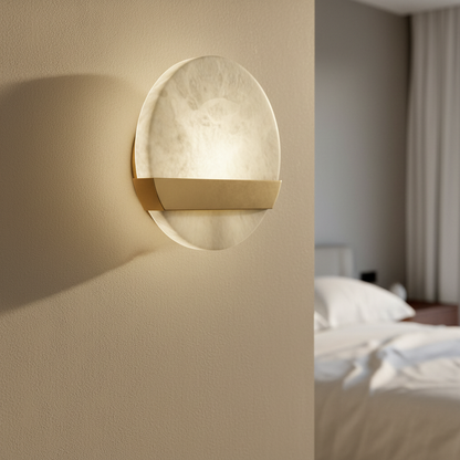 Ventral retro minimalist wall lamp glowing warm 3000K in cozy living room with copper and marble accents