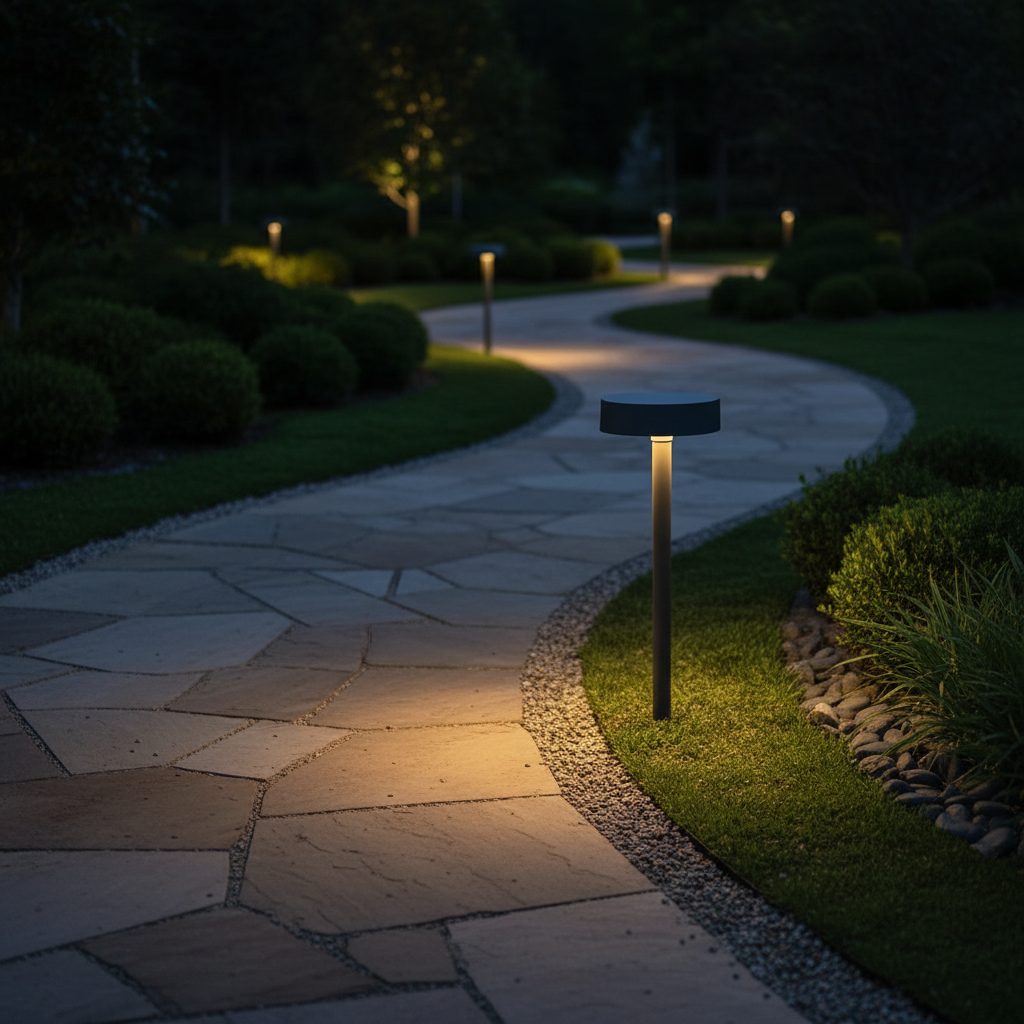 bollard light beside a modern wooden deck, warm light reflecting on surface