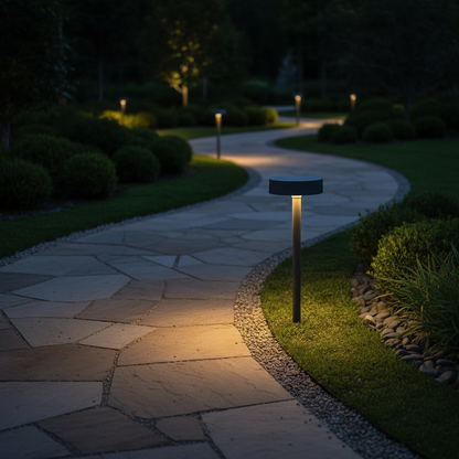 bollard light beside a modern wooden deck, warm light reflecting on surface