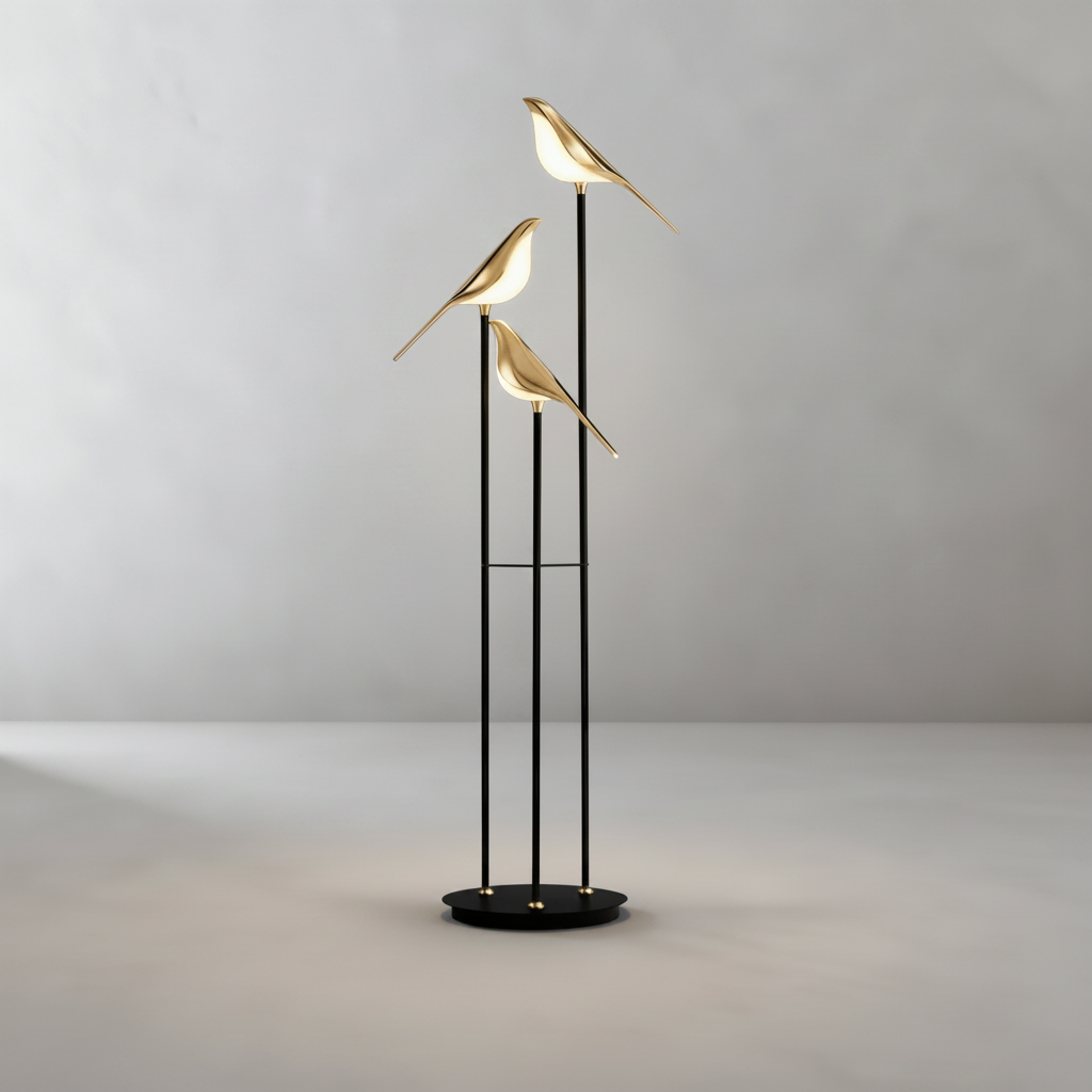 studio shot of Edmund Floor Lamp front view showing acrylic lampshade and slim zinc alloy frame