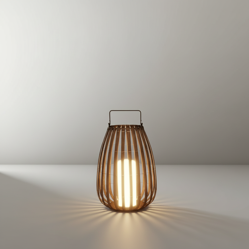 studio shot of rattan outdoor garden lamp front view